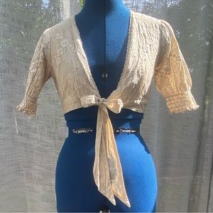 Wendy Hil cropped embroidered floraland lace short sleeve tie front top